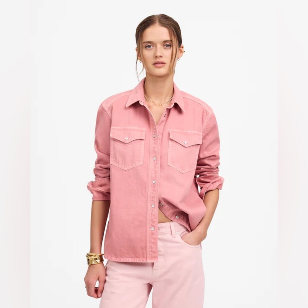 Madewell Womens Oversized Western Shirt in Garment-Dyed Denim in Washed Pink XXS